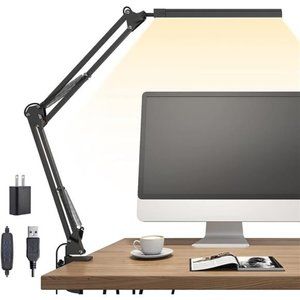 LED Desk Lamp, Swing arm Desk Light with clamp, 3 Lighting 10 Brightness Modes
